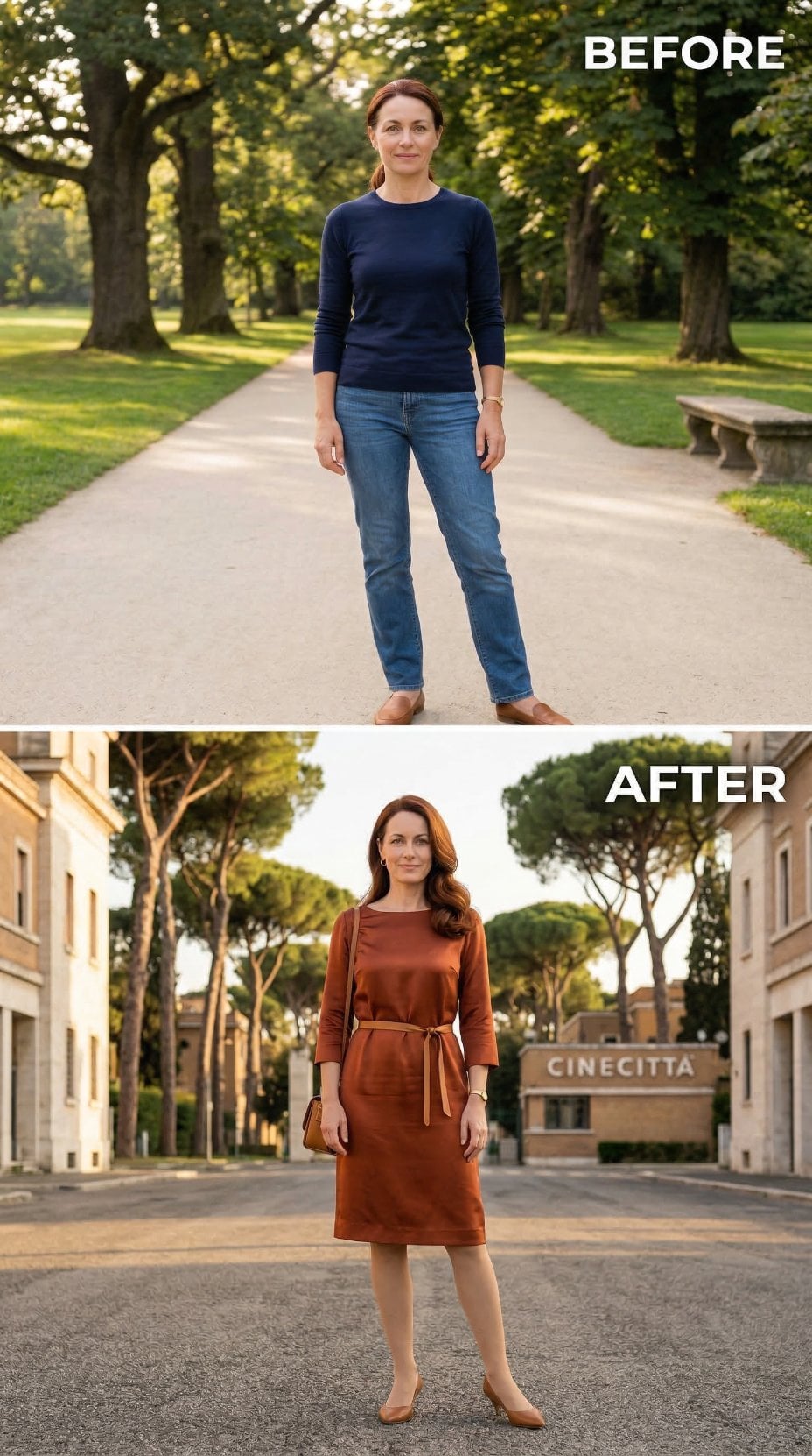 Rust Satin at Cinecittà: The Dress That Rewrites Her Entire Silhouette