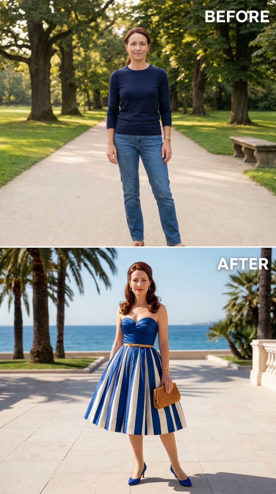 Royal Blue Stripes and a Gold Belt: Her Riviera Character Takes Shape