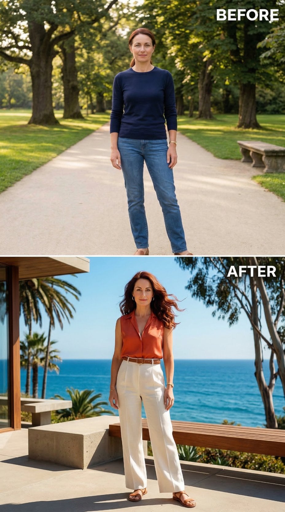 Rust Satin to Terracotta Silk: Her California Chapter Opens Beside the Pacific