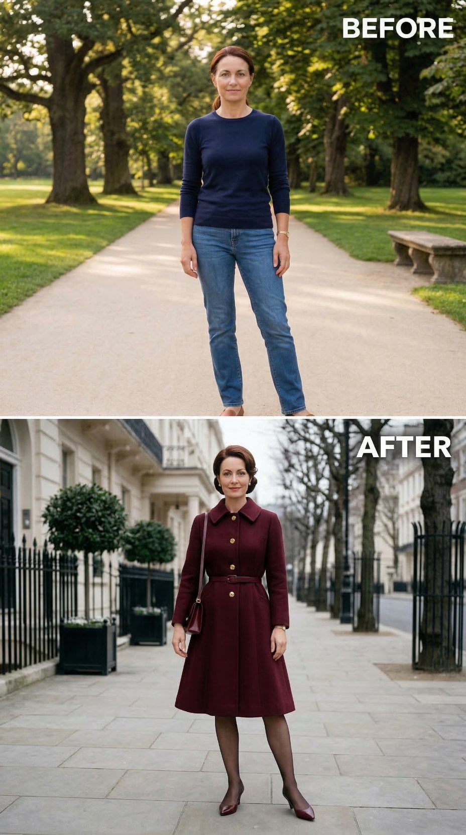 Burgundy Wool, Gold Buttons, and the London Street That Frames a New Chapter