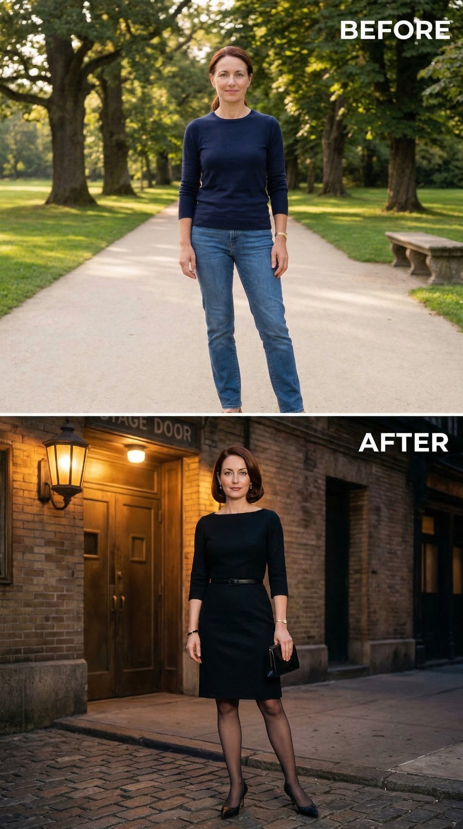 Navy Sweater to Black Sheath: One Woman's Casual Afternoon Becomes Opening Night