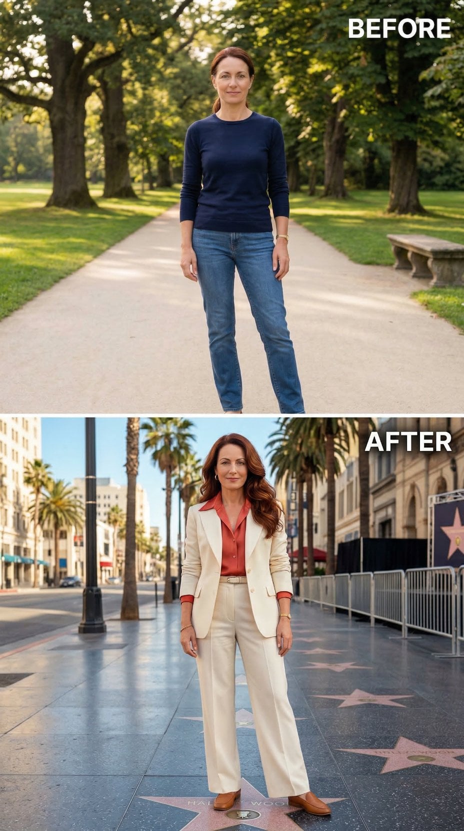 Cream Blazer, Rust Silk, and the Hollywood Walk That Declares Arrival