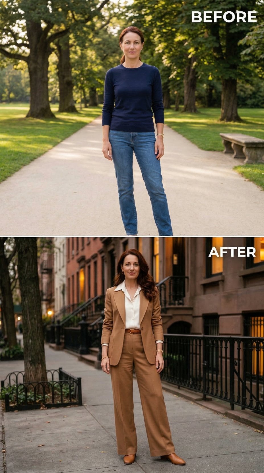 Camel Blazer, Wide Trousers, and the Brownstone Block Where Casual Loses Its Claim