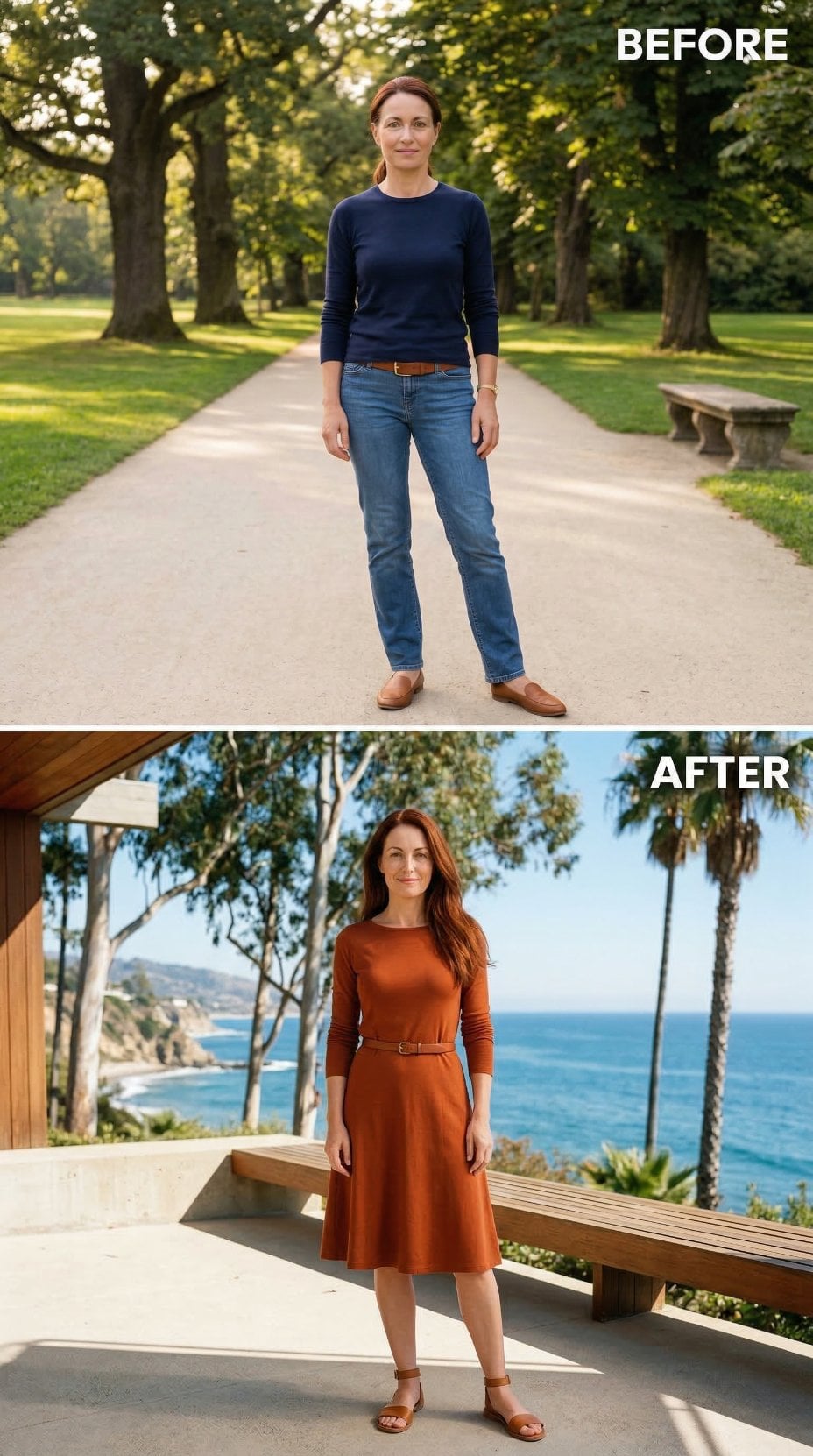 Rust Jersey, a Belted Waist, and the Coastal Terrace Where Softness Becomes Signature