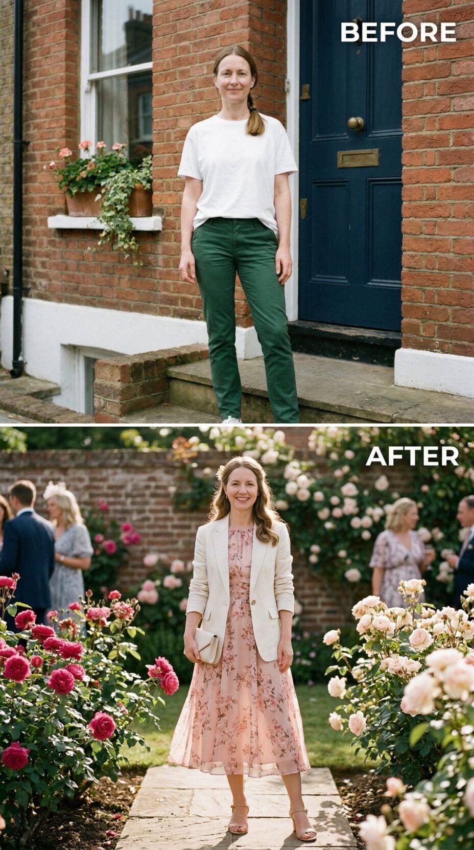 From Green Chinos and Tee to Blush Floral Midi at Peak Rose Season