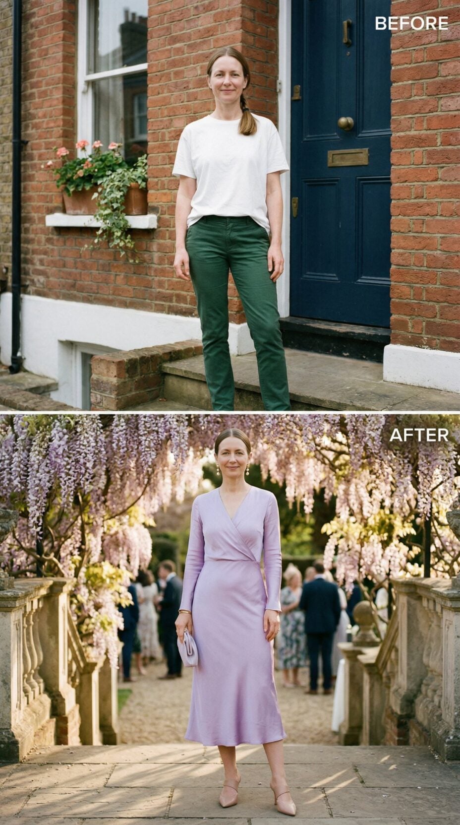 Lavender Wrap Dress Under Pergola Draping at Garden Soirée