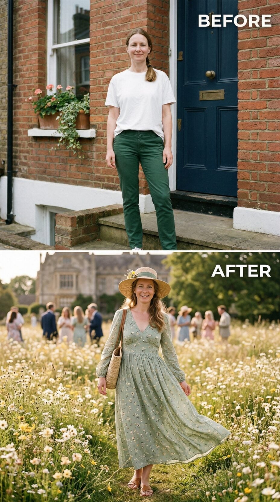 Sage Floral Maxi and Wide-Brim Straw Hat Among Wildflower Meadow Guests