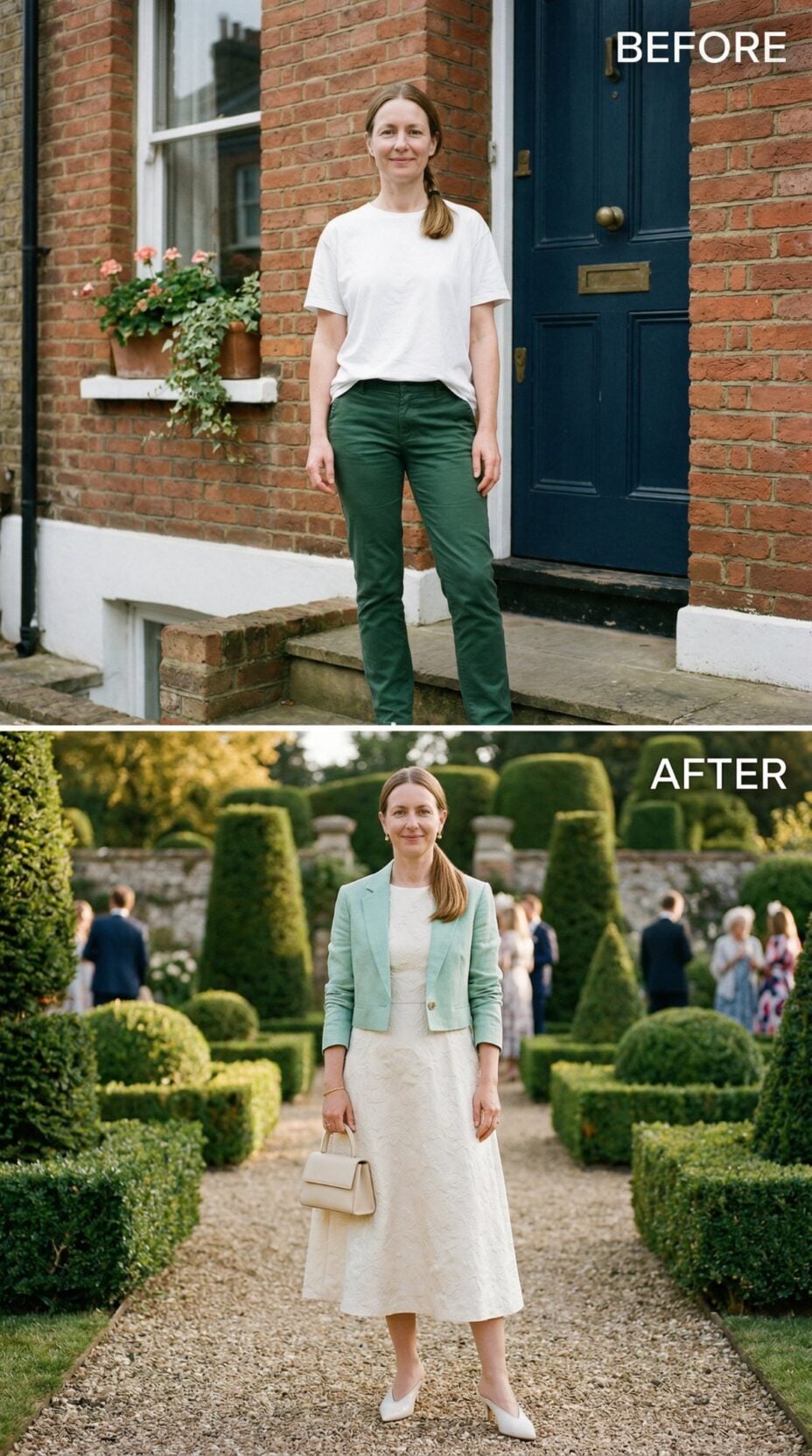 Mint Cropped Jacket Over Ivory Lace Midi at Formal Garden Reception
