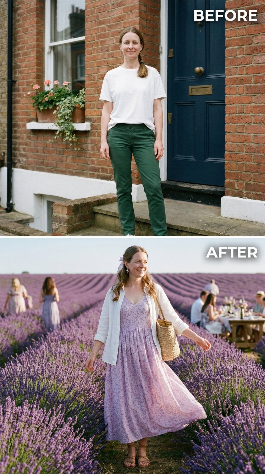 Lavender Print Midi and White Linen Cardigan in Full Bloom Fields