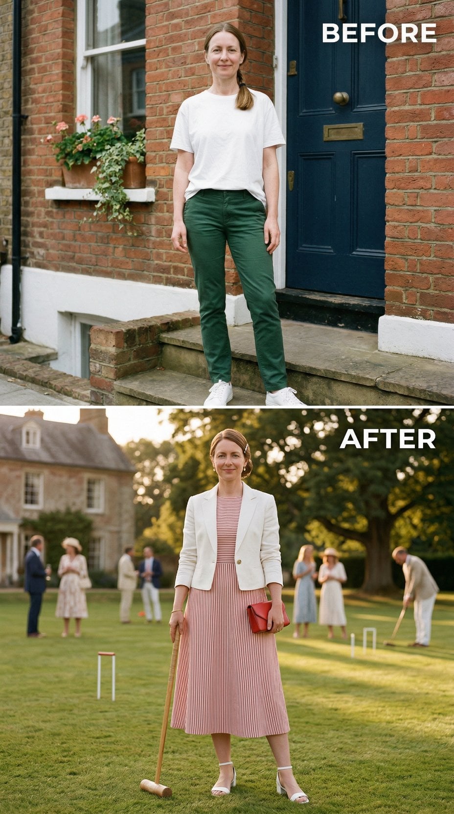 Red-Striped Cotton Midi and Cream Blazer Between Croquet Wickets