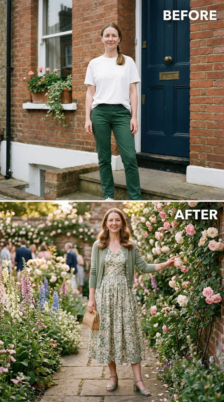 Green Botanical Print Dress and Sage Cardigan Along Garden Paths
