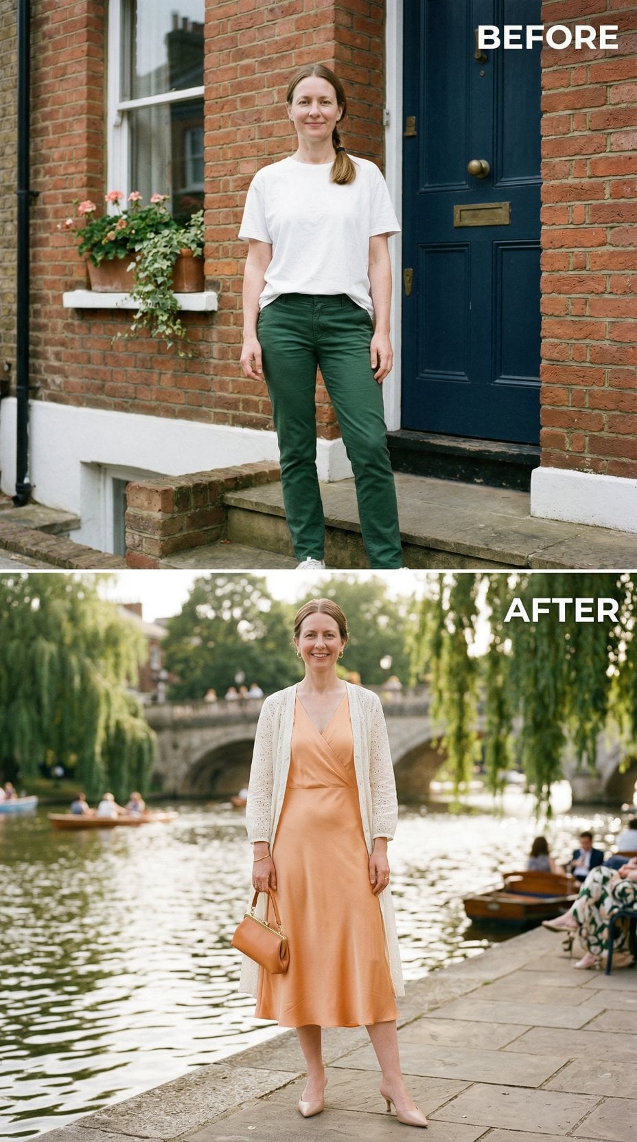 Peach Silk Wrap Midi and Ivory Cardigan Beneath Willow Boughs