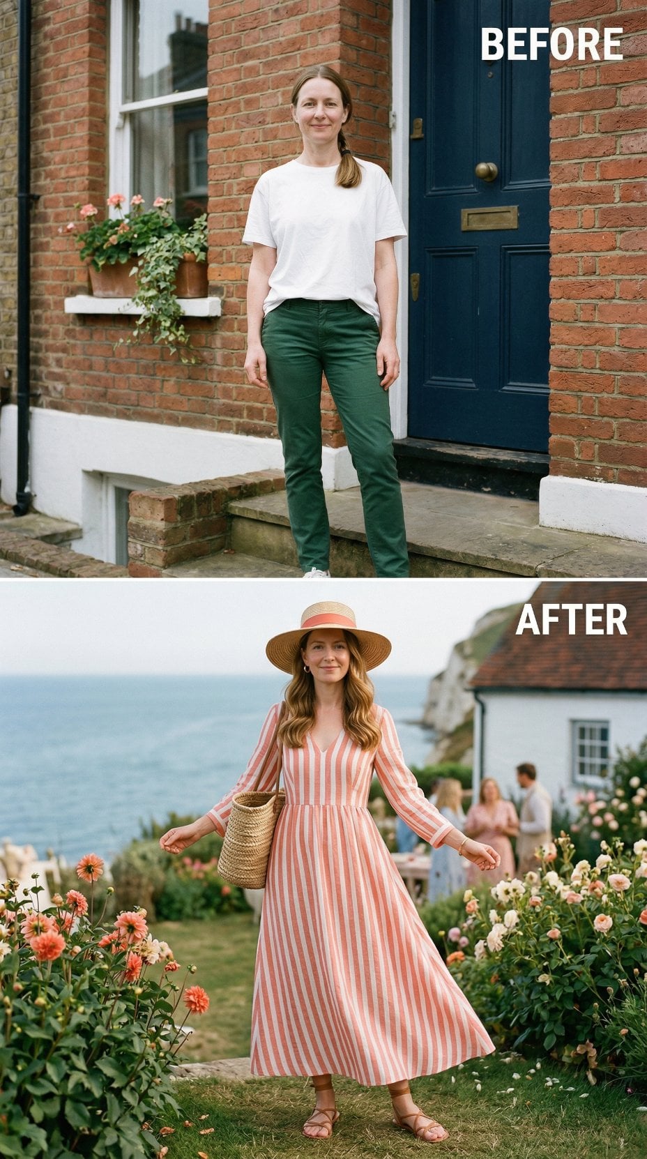 Pink and White Striped Midi with Wide-Brim Hat on Coastal Lawn