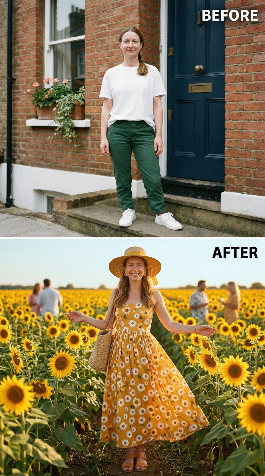 Golden Daisy Sundress and Straw Boater Among Sunflower Rows