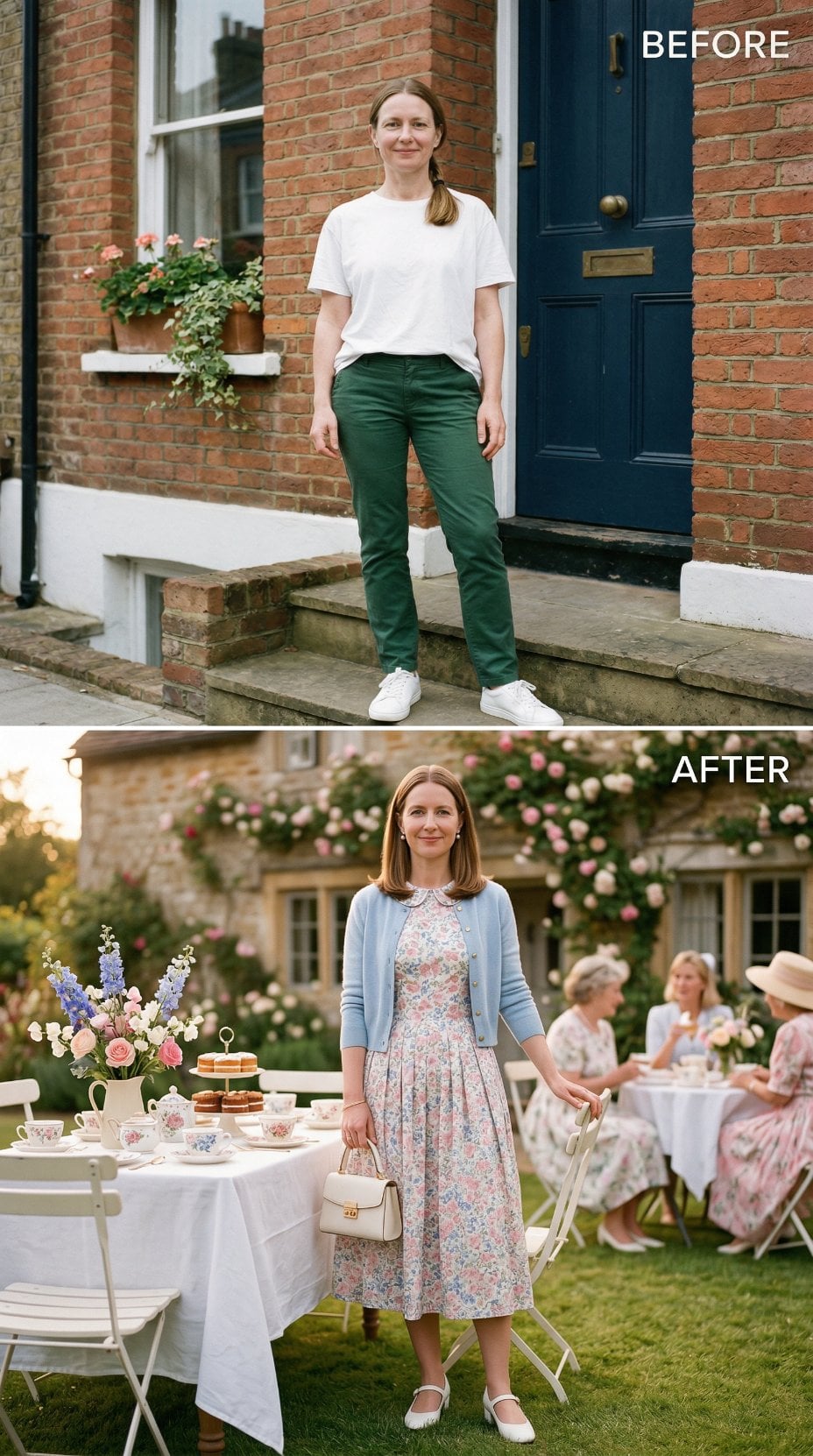 Floral Cotton Midi and Powder Blue Cardigan Beside Afternoon Tea Service