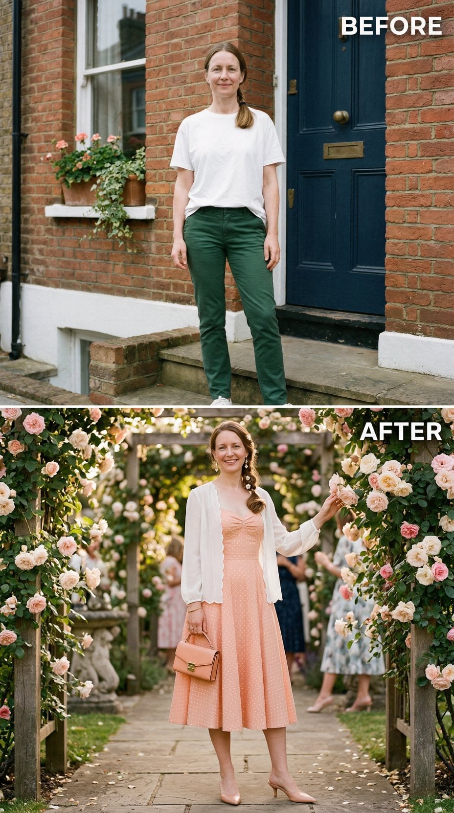 Peach Embroidered Midi and Cream Cardigan Beneath Rose Arbors