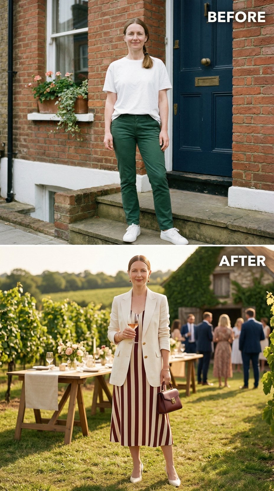 Burgundy Striped Midi and Ivory Tailored Blazer Among Vineyard Tables