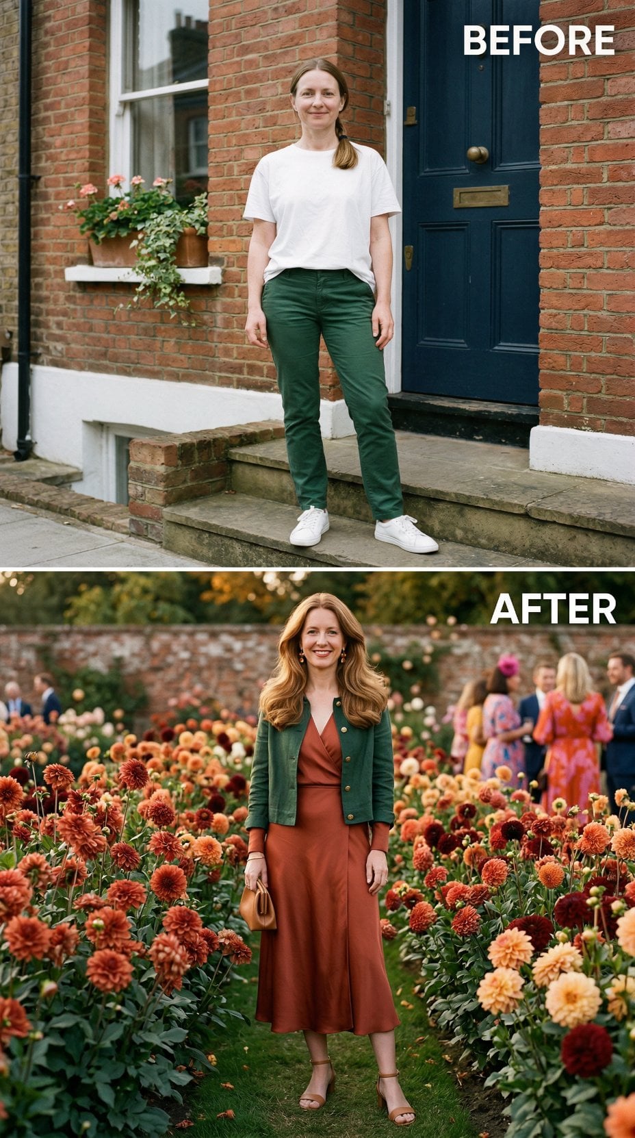 Rust Silk Jumpsuit and Hunter Jacket Framed by Dahlia Blooms