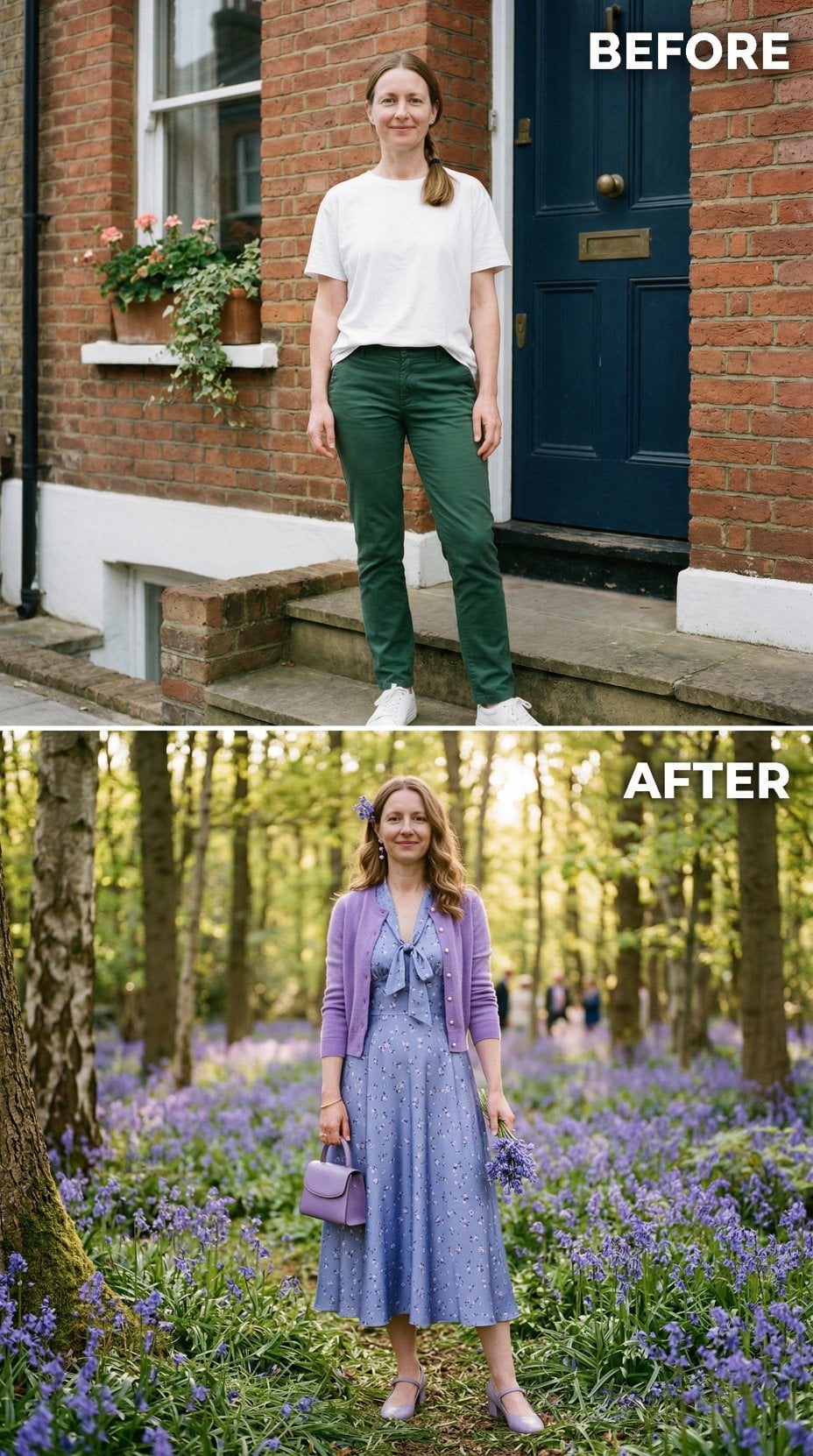 Periwinkle Floral Midi and Lavender Cardigan in Bluebell Woods