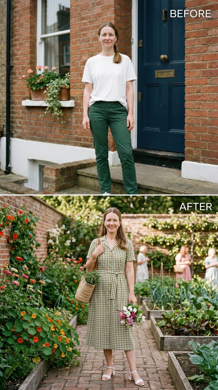 Sage Gingham Shirtdress and Woven Basket Beneath Cottage Garden Blooms