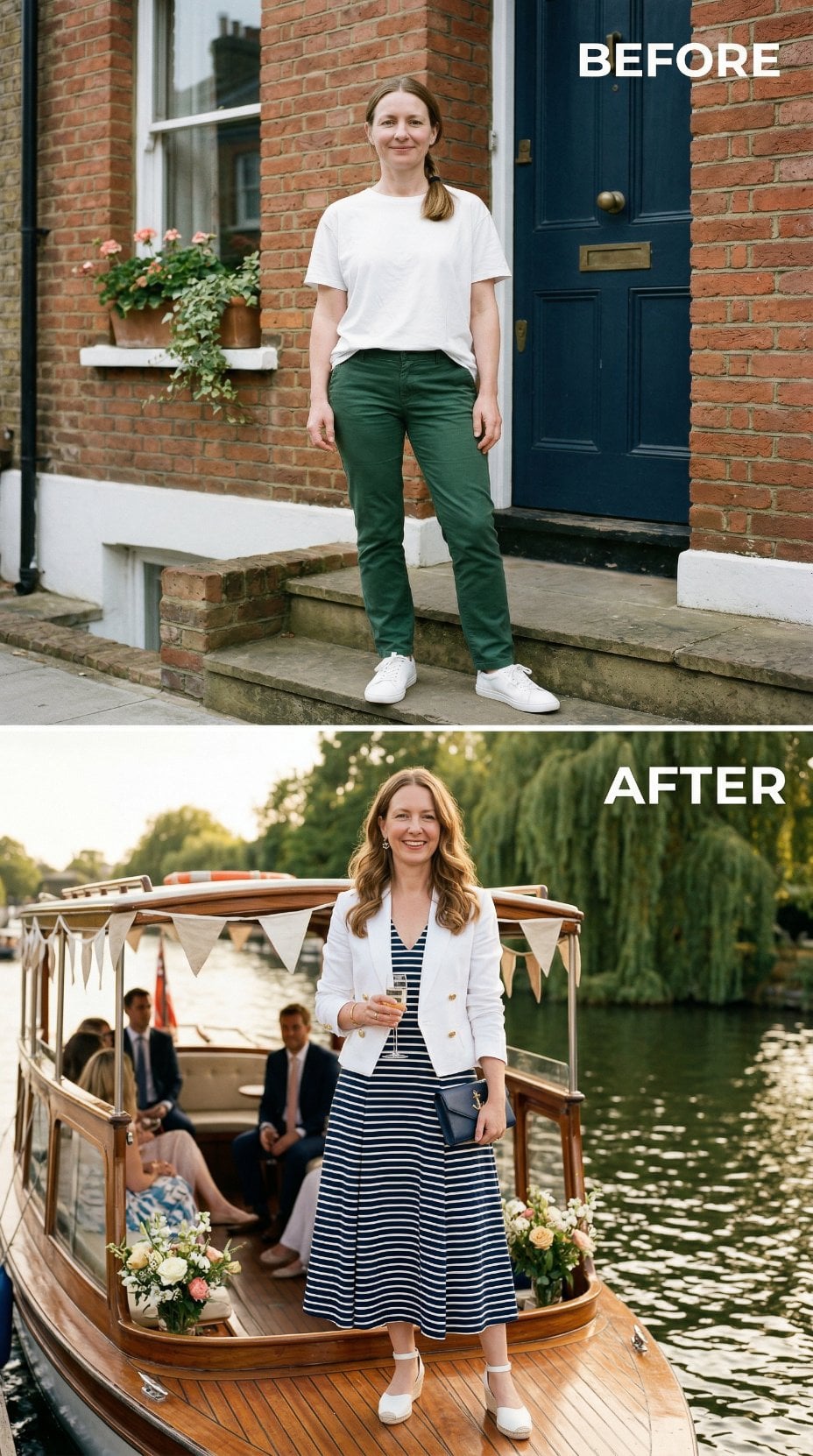 Navy Striped Midi and White Blazer on River Boat Landing