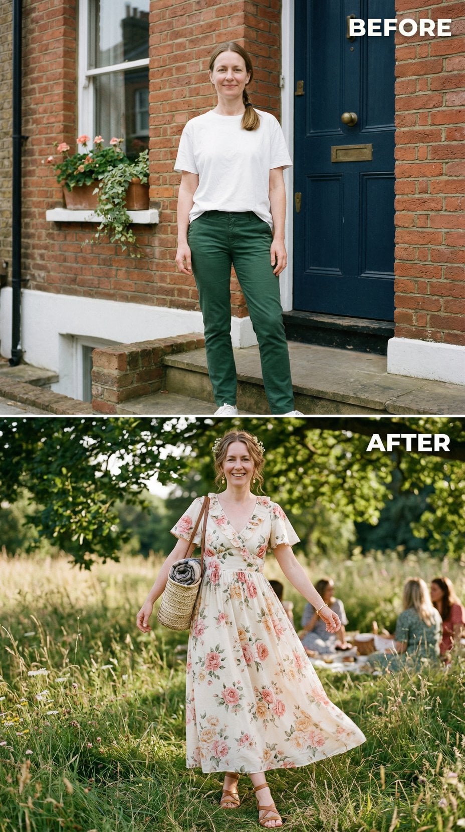 Cream Floral Maxi and Curled Updo Across Open Meadow Picnic