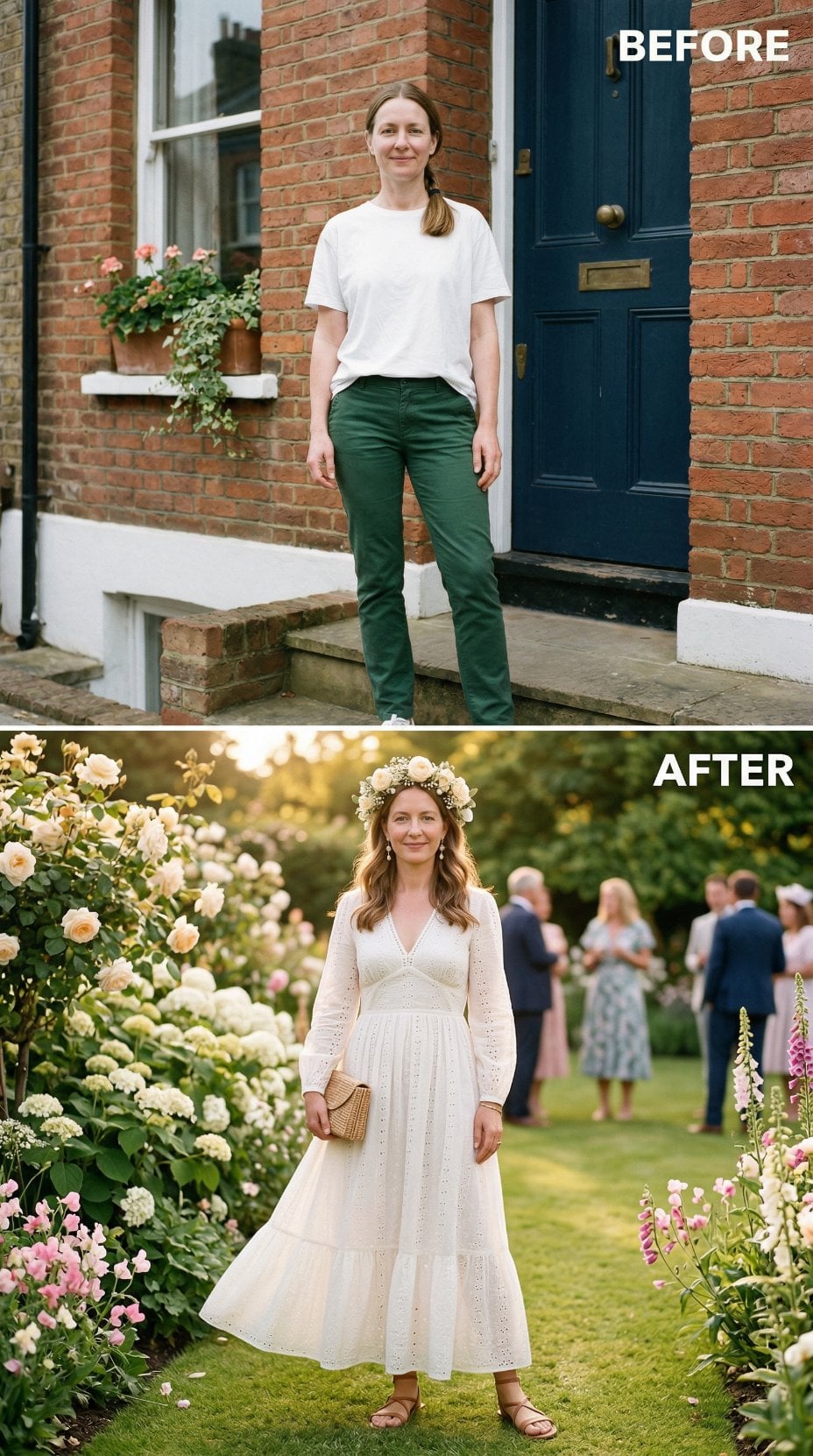 Off-White Eyelet Maxi with Peach Flower Crown in Golden Hour Lawn