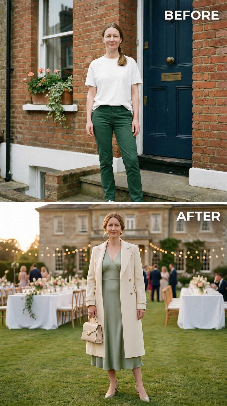 Celadon Slip Dress and Biscuit Wool Coat Beneath String Lights