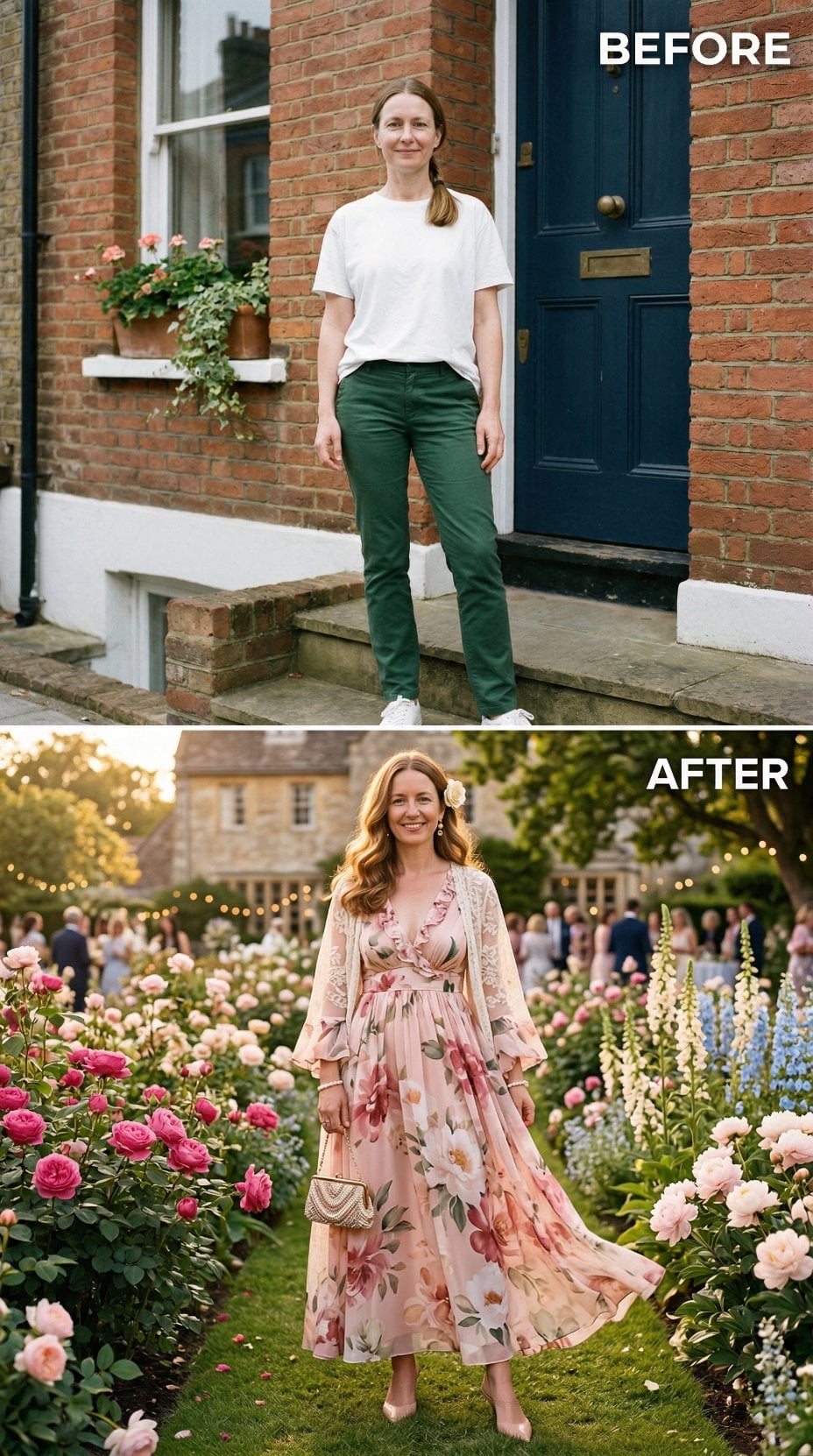 Blush Floral Maxi and Flowing Lace Sleeves Between Garden Rose Beds