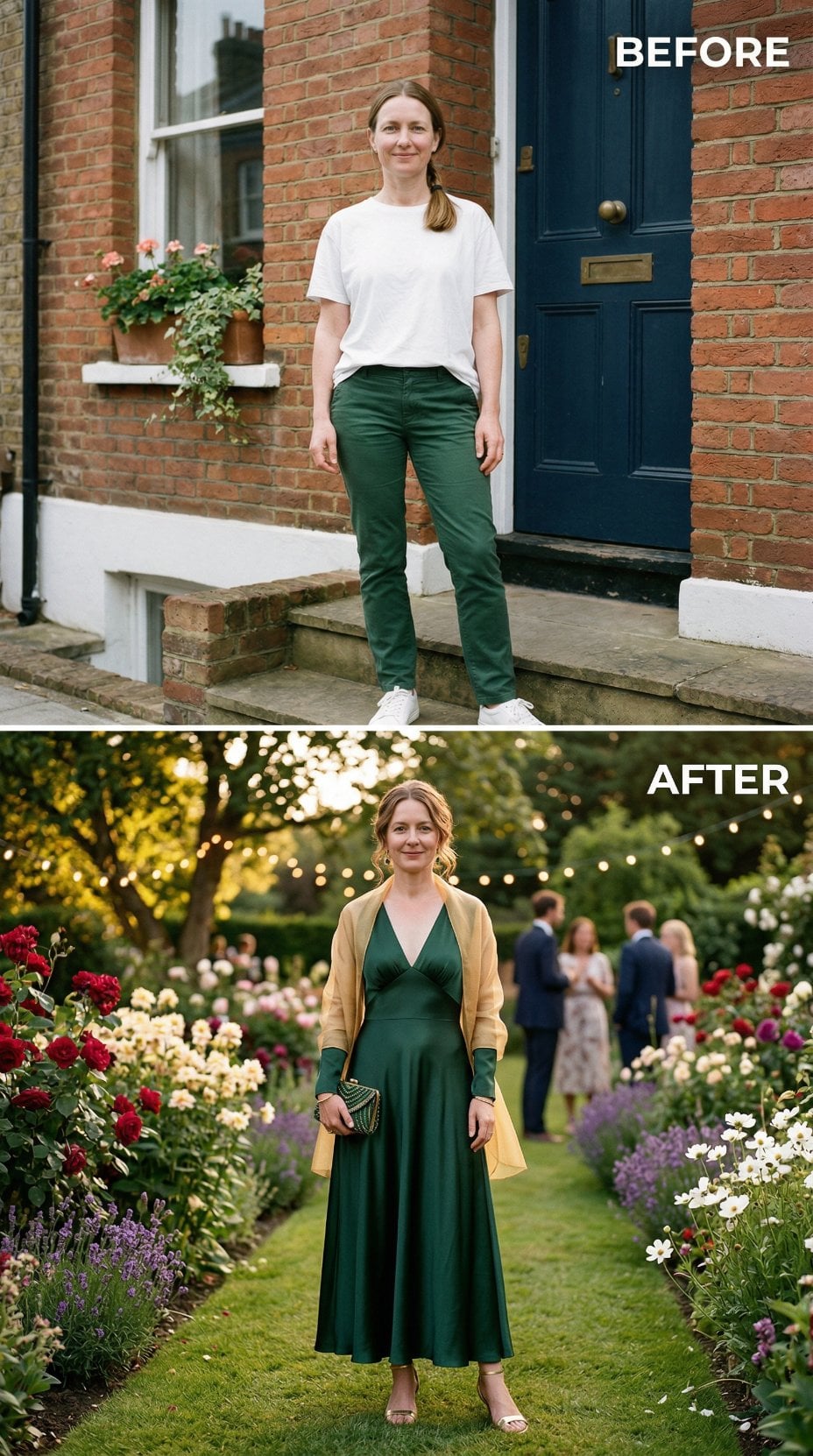 Emerald Halter Gown and Camel Cardigan Along String-Lit Garden Path