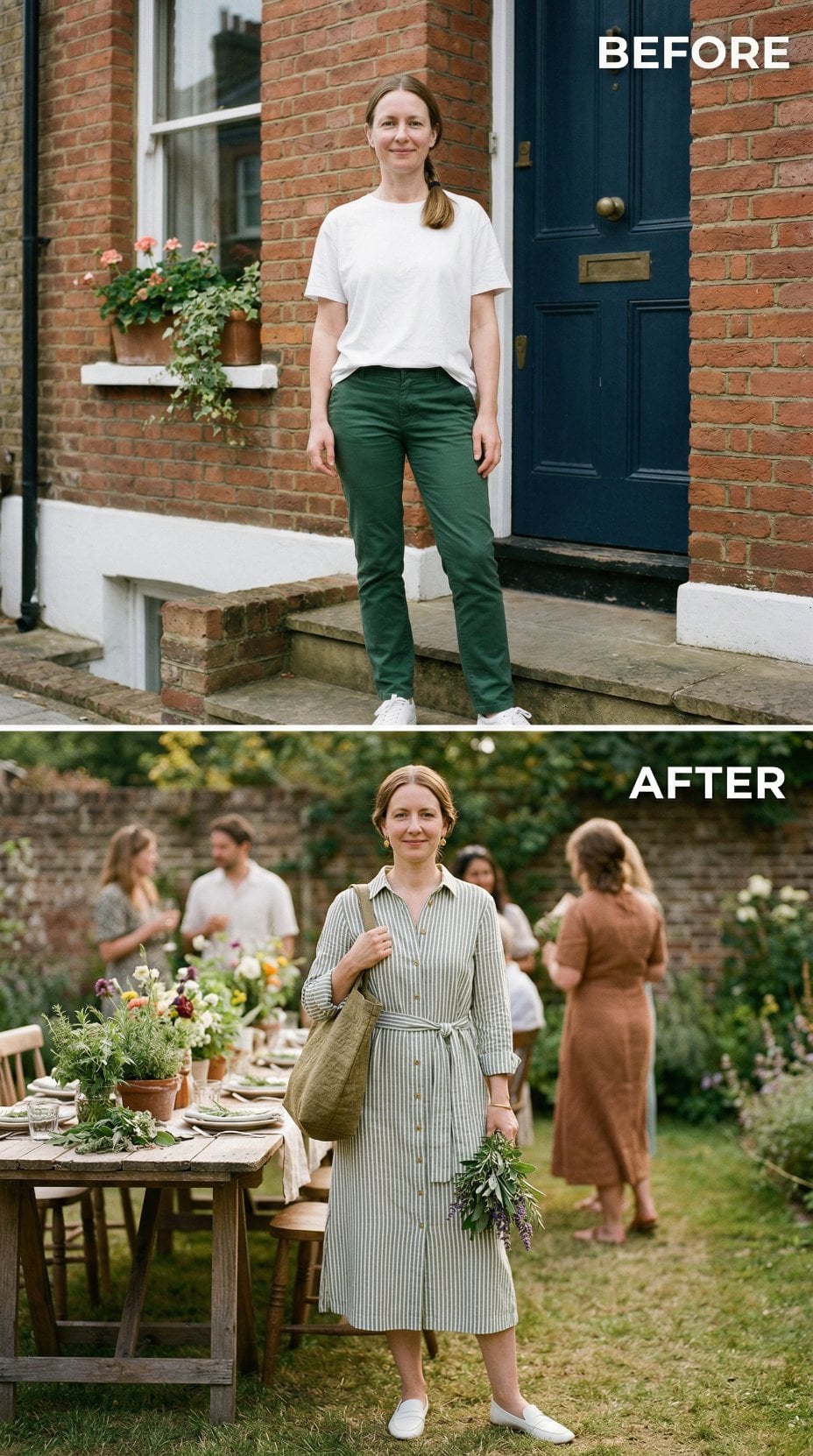 Vertical Stripe Shirtdress and Belt Tie Under Wisteria Trellis