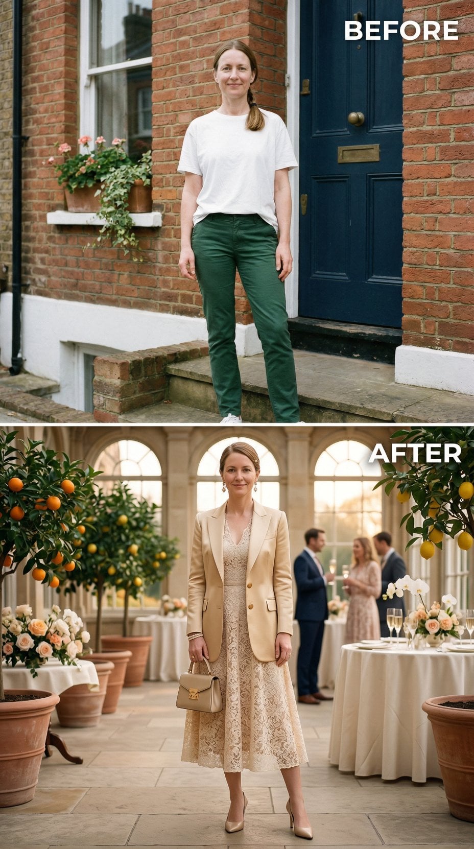 Champagne Blazer and Lace Midi Under Conservatory Arches