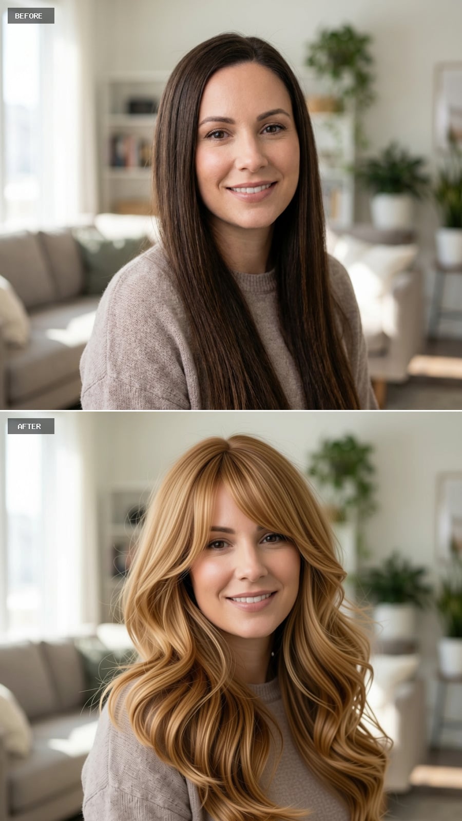 Golden Blonde Waves with Curtain Bangs and Honey Highlights