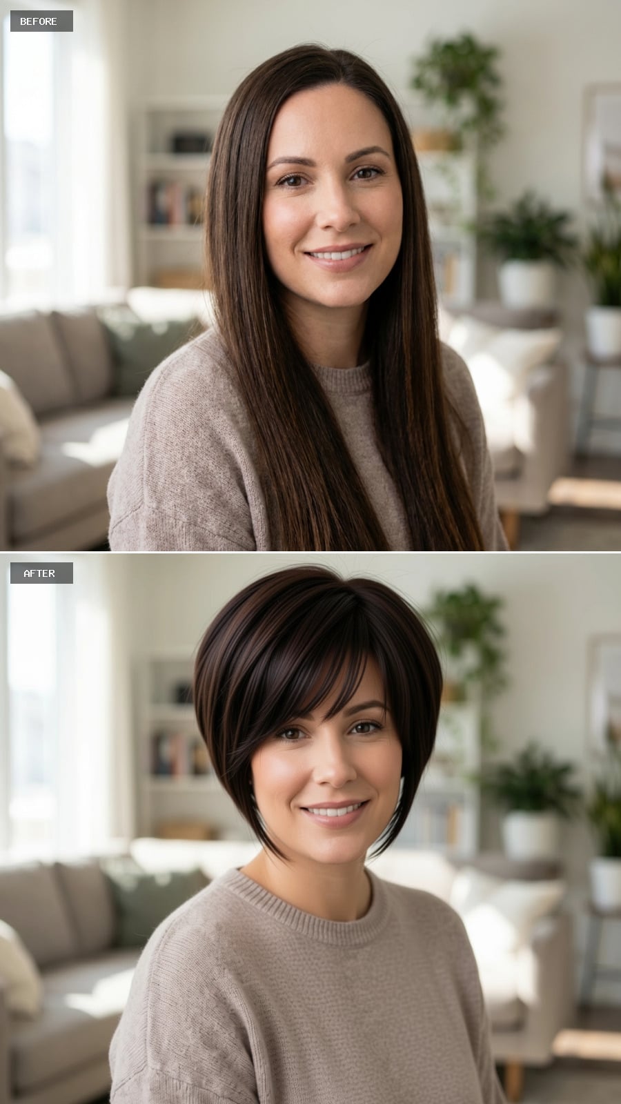 Short Stacked Bob with Side-Swept Bangs and Rich Chocolate Tones