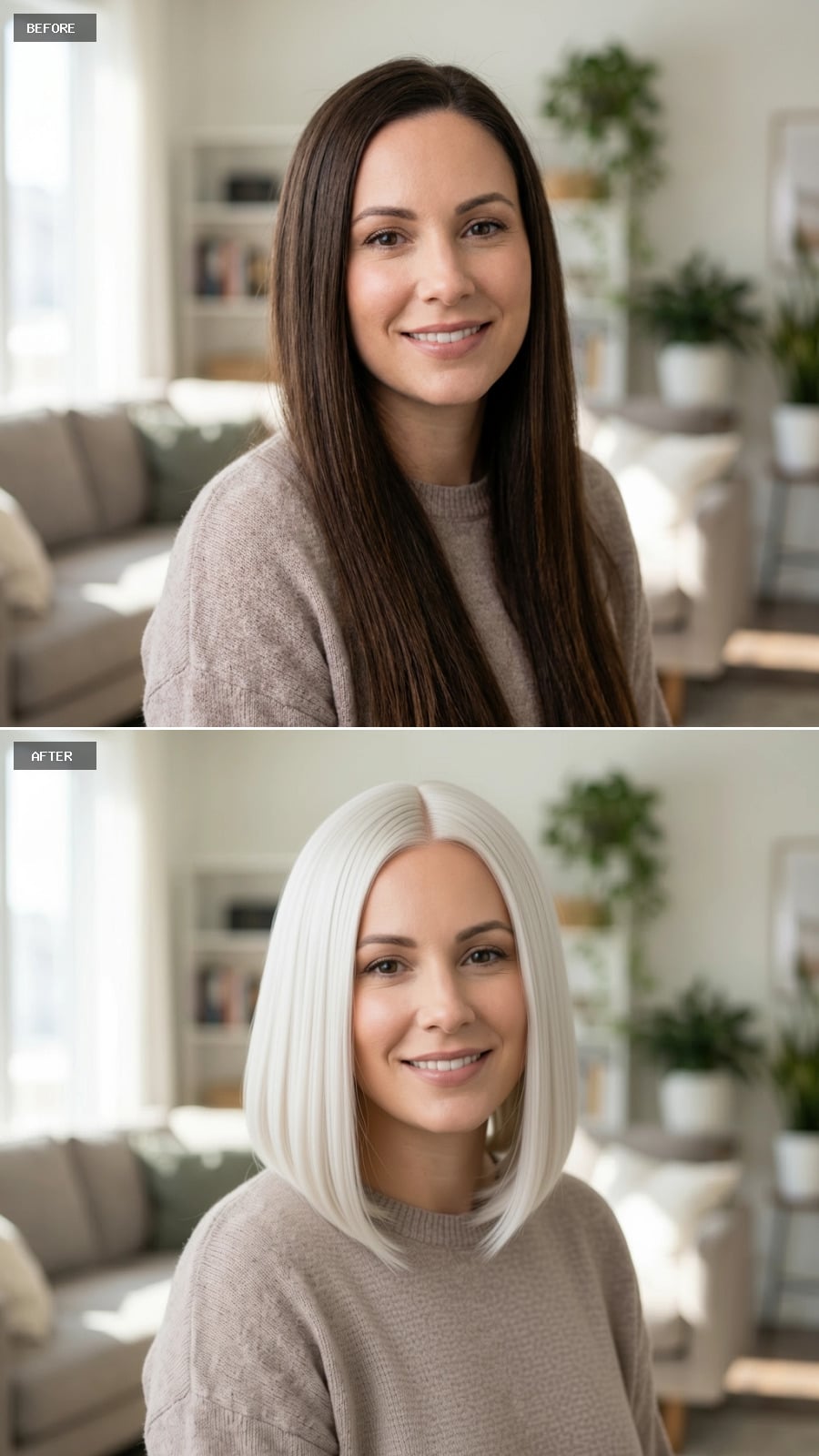 Platinum Blonde Blunt Bob with Center Part and Pearl-White Tones