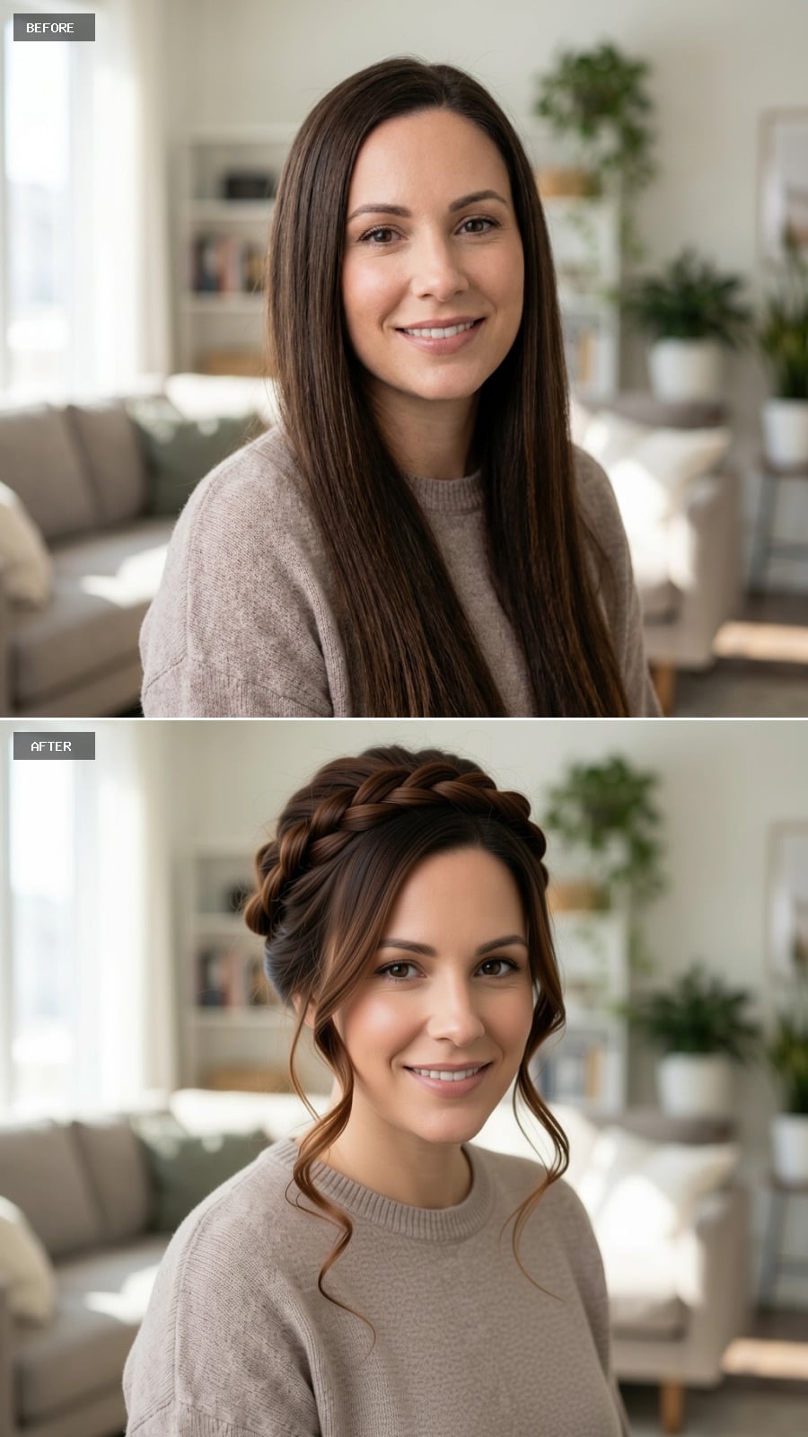 Braided Crown Updo with Face-Framing Tendrils and Honey Balayage