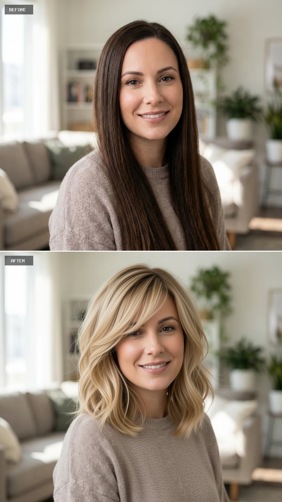 Shoulder-Length Blonde Waves with Side-Swept Bangs and Beachy Texture
