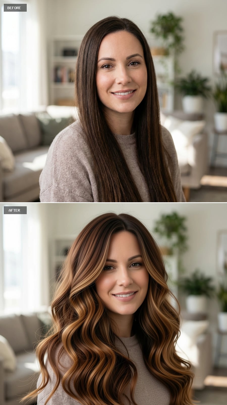 Dimensional Balayage Waves with Caramel and Honey Ribbons