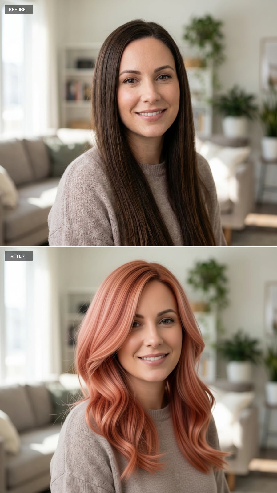 Rose Gold Waves with Face-Framing Volume and Peachy Undertones