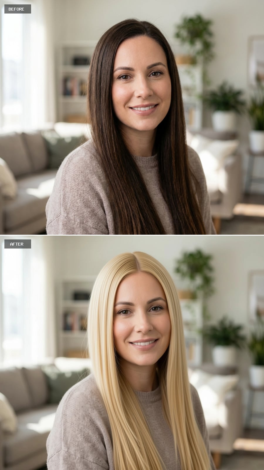 Golden Blonde Cascade with Center Part and Polished Silk Finish