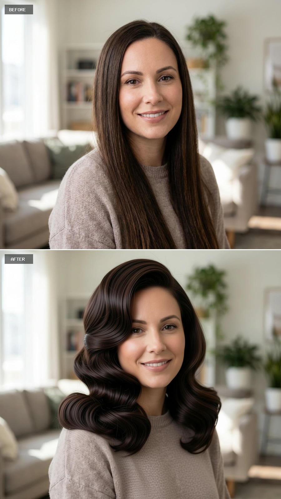 Sculpted Vintage Waves with Side-Swept Volume and Glossy Finish