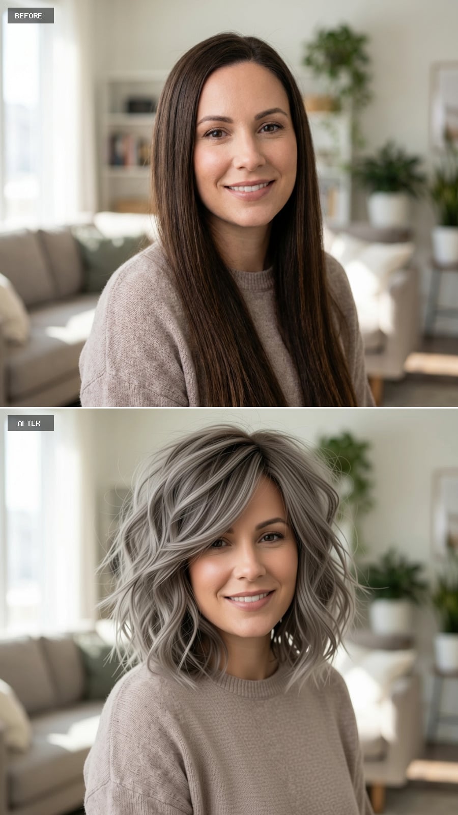 Silver-Blonde Waves with Side-Swept Bangs and Dimensional Charcoal Lowlights