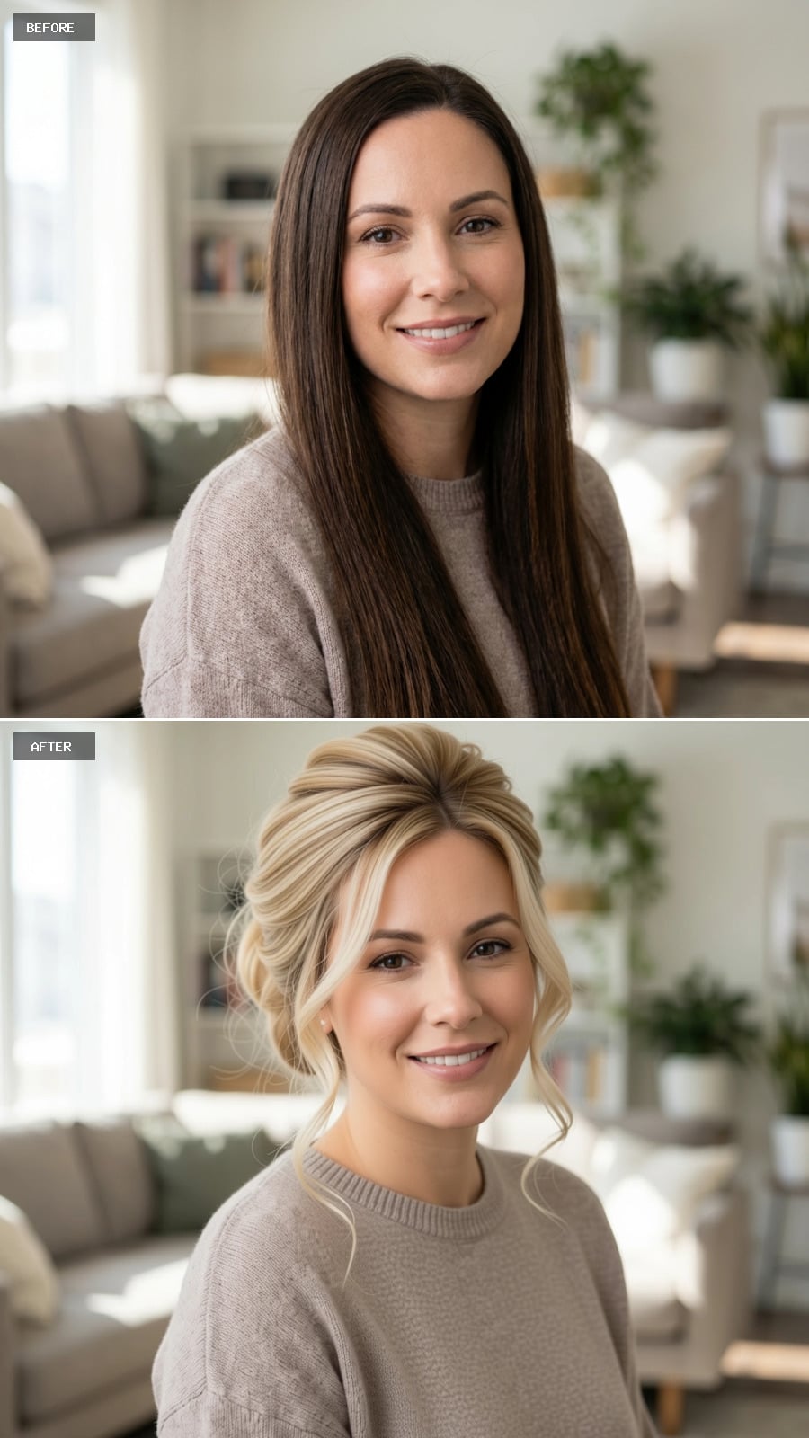 Voluminous Blonde Updo with Teased Crown and Curled Face-Framing Pieces