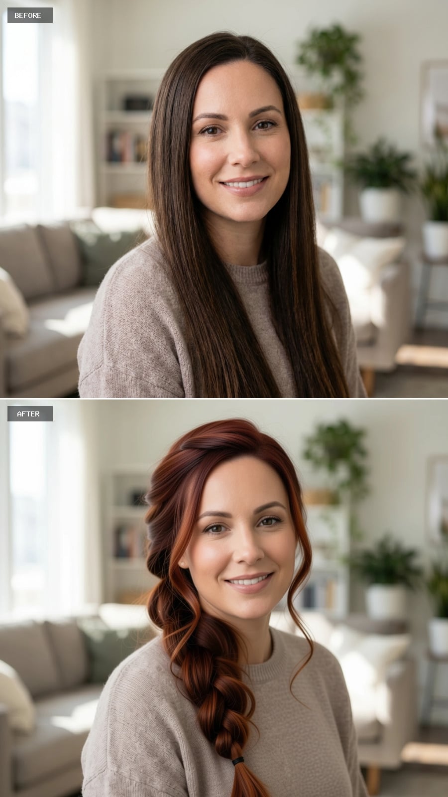 Rich Auburn Braid with Side-Swept Waves and Copper Highlights