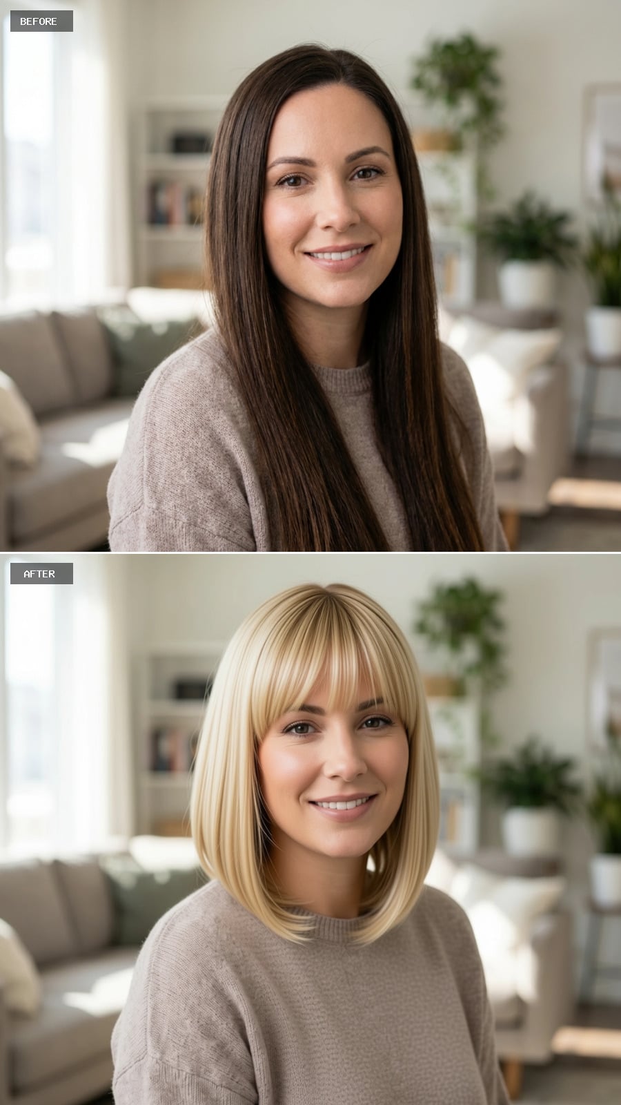 Blunt Blonde Bob with Full Fringe and Sleek Chin-Skimming Length