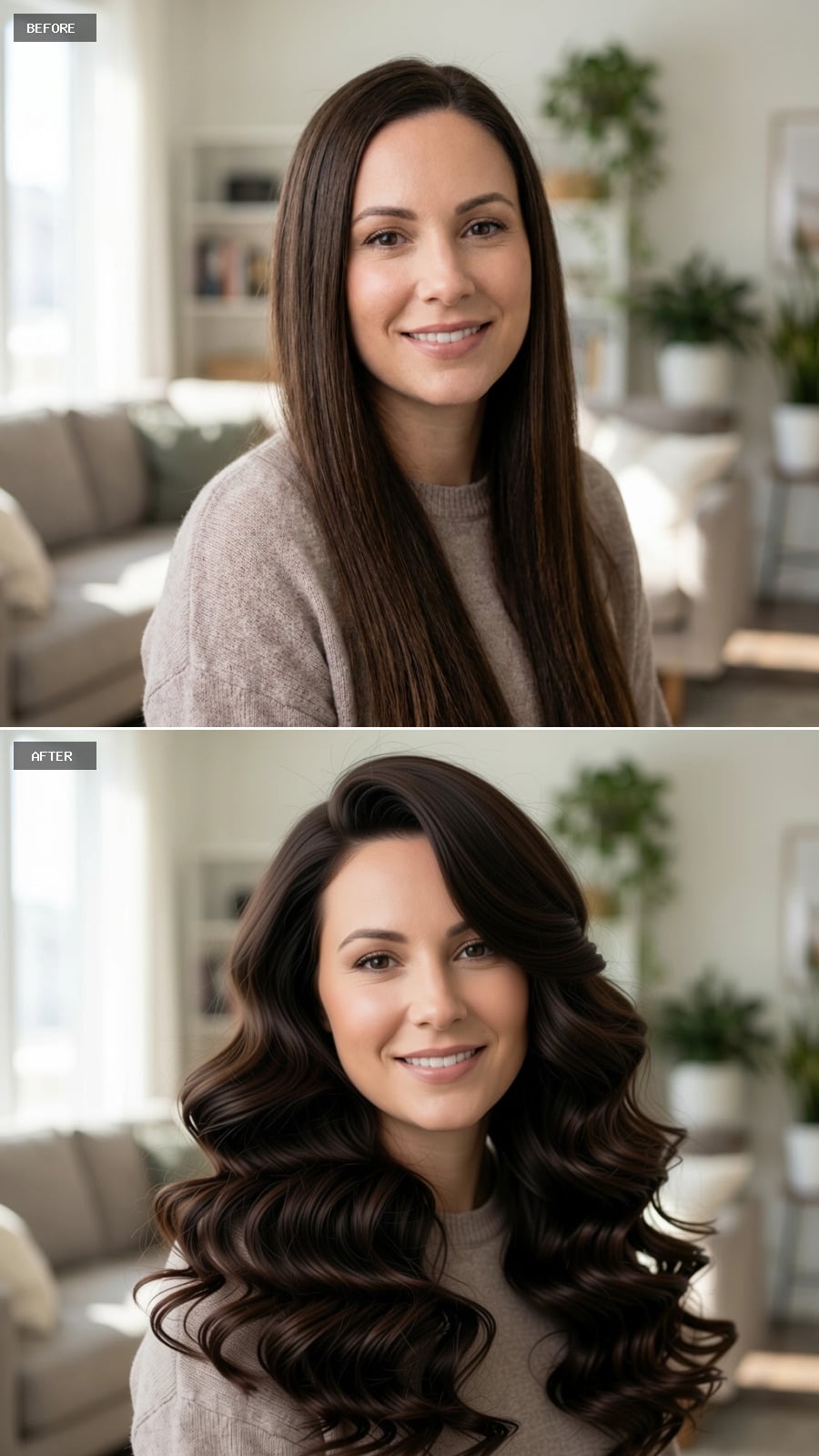 Voluminous Brunette Spirals with Side-Swept Volume and Glossy Curls