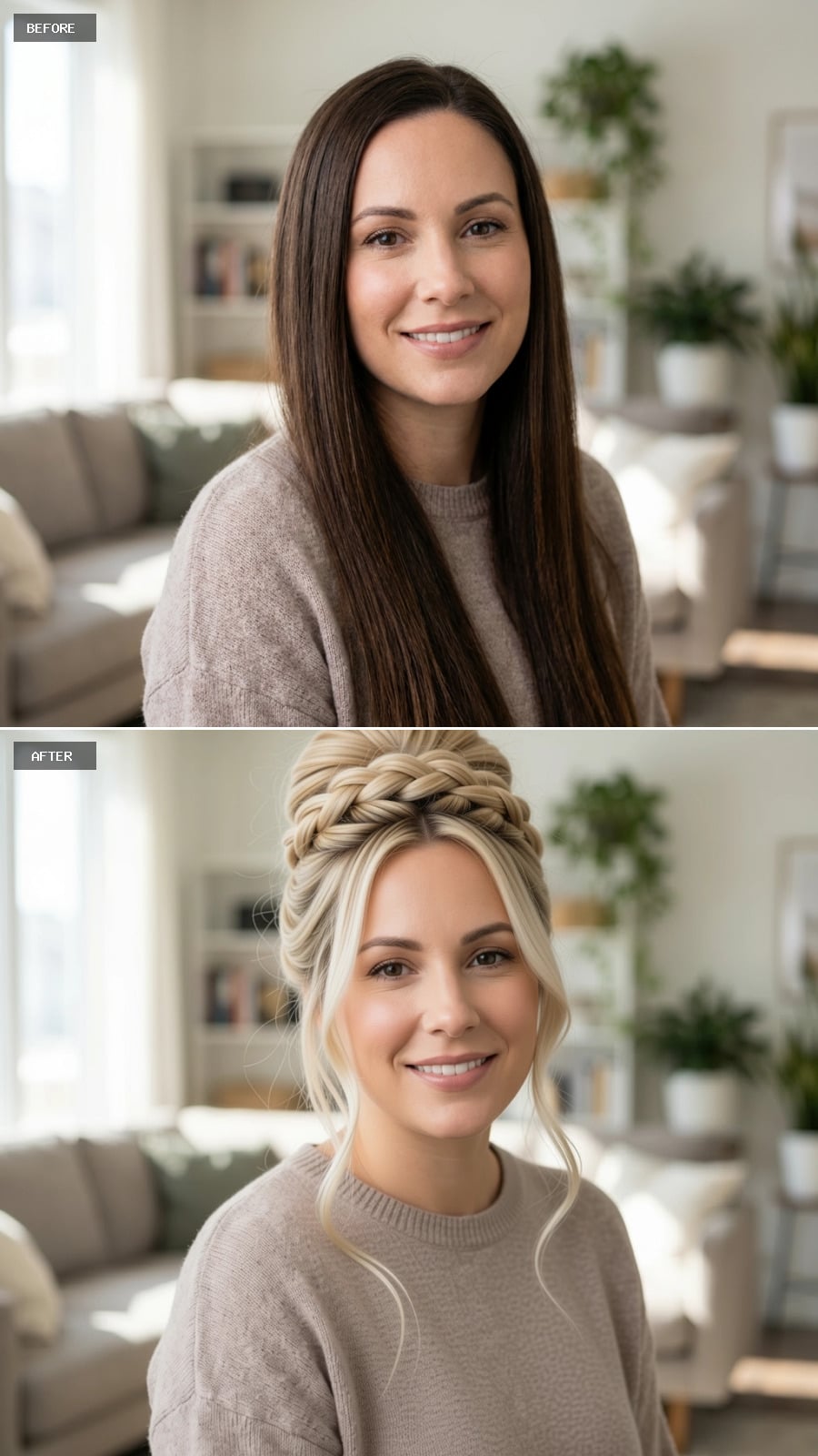 Braided Crown Updo with Platinum Highlights and Wispy Tendrils