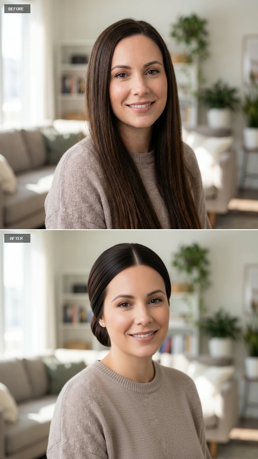 Deep Center Part with Low Twisted Bun and Sleek Dark Brown Finish