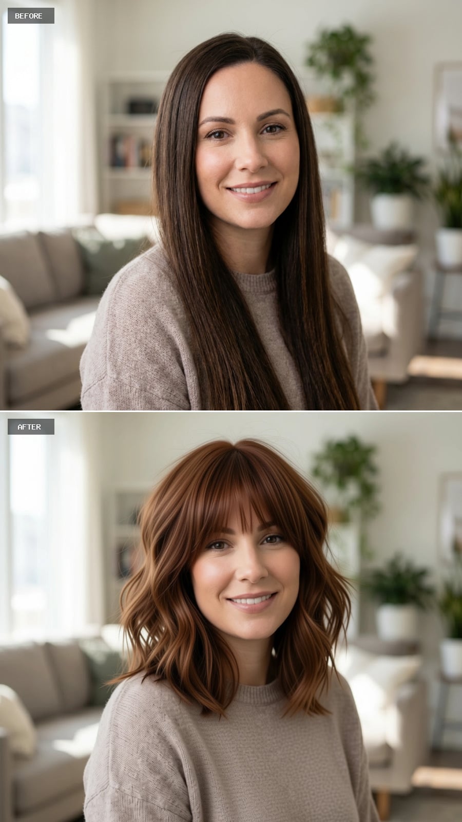 Textured Shoulder-Length Shag with Curtain Bangs and Auburn Balayage