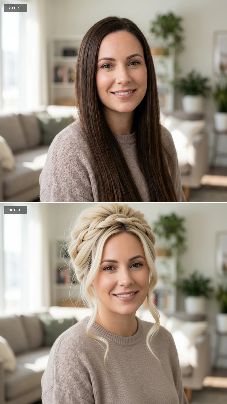 Braided Crown Updo with Golden Blonde Tones and Textured Loose Curls